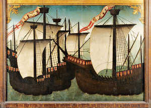 Nef de la fin du XVe siècle représentée sur l’ex-voto de l’église
de Zumaia. Le développement que connaît le gréement saute aux
yeux. Les navires portent des gréements avec plusieurs mâts.