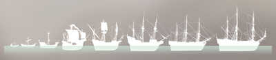 La séquence de silhouettes de navires basques de haute mer représentatifs
de chaque siècle nous montre leur évolution au cours du
temps.