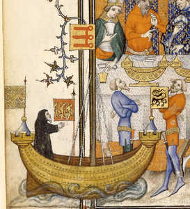 Miniatura francesa representando un navío de la época, de la
  misma tipología que el de San Pedro de Olite.