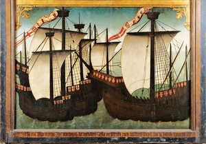 Exvoto que se encuentra en la iglesia de San Pedro de Zumaia.
  Representa la victoria de las naves de Juan Martínez de Mendaro
  sobre las armadas portuguesa y genovesa en 1475, en el estrecho
  de Gibraltar.