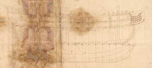 Plano de formas de una fragata de finales del siglo XVIII.