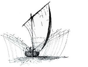 El Marqués de Folin, capitán del puerto de Baiona, se interesó
mucho por las embarcaciones menores vascas; realizó es-tudios
y planos de varias tipologías. Este dibujo muestra con de-talle
la disposición de las pértigas a bordo de la bonitera.