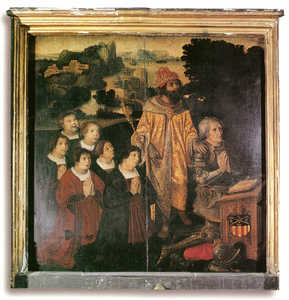Ozaeta altarpiece; ar. 1540 (Bergara). Portrait 
of donor, D. Beltran Lopez de Gallaistegi, Lord of Ozaeta, surrounded by his sons