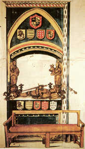 
Dessin, avec les couleurs et les émaux origi­naux, du Tombeau de
D. Pedro Martínez de Alava, erigé vers 1525 dans l'Eglise de Saint
Pierre à Vitoria. Cr. 15 (AI. Chancellerie de Valladolid)..