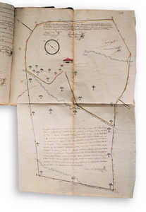 14.	Map of the Alkorta farmhouse, belonging to Juan Fernando de Aguirre, showing the limits of its land, made by master Gabriel de Capelastegui in 1767. The farmhouse appears surrounded by its land, trees, wells and paths. It is a self-fufficient work and living unit for the family.