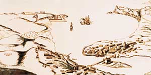 Grabado del año 1650 de la bahía de Ziburu y Donibane Lohitzun. 