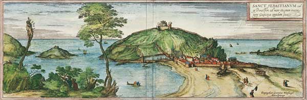 Gravure de Saint Sbastien en 1560, ralise par Hoefnagle, o l'on peut voir le chantier naval situ sur la plage de La Concha.