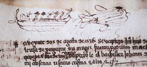 Dans un livre de bptemes de Zumrraga de 1526 figure le dessin d'une chaloupe avec cinq rameurs, le patron  la barre et un harponneur, avec une baleine capture