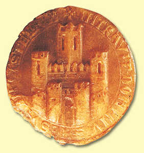 15. Seal of San Sebastian (c. 13). It shows a battlement fortification, with towers at either end, a barbican at the entrance and a heraldic tower. It is probably a generic representation of a castle and not necessarily the one built on Mount Urgull.© Xabi Otero