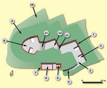 180. St. Mark's Fort. Auxiliary battery of Kutarro:1-Covering of the parapet; 2-Shelter-trench (4 in all); 3-Lower platform (alt. 207 m); 4-Access by ramp and trench to the lower platform; 5-Ammunition dump; 6-Barracks; 7-Insulating passageway of the barracks (1.5 m wide); 8-Upper platform (alt. 210 m); 9-Parapet; 10-Outer incline; 11-Ramp; 12-Intermediary platform (alt. 208.5 m).© Juan Antonio Sáez