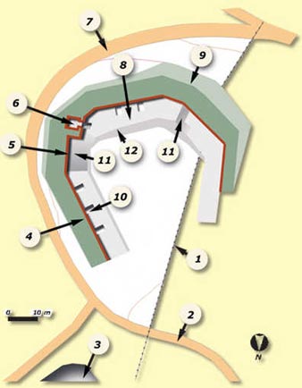 181. St. Mark's Fort. Auxiliary battery of Los Barracones:1-Town boundaries of San Sebastian and Errenteria; 2-Access to St. Mark's Fort; 3-Fosse of St. Mark's Fort; 4-Parapet; 5-Covering of the parapet; 6-Ammunition dump; 7-Military road to St. Mark's from Pasaia-Antxo; 8-Rampart and service road; 9-Outer incline; 10-Shelter-trench; 11-Ramp; 12-Inner incline (the battery is sunken).© Juan Antonio Sáez