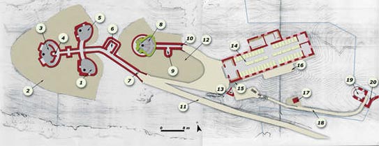 189. Battery of the Provincial Government:1-Left flank emplacement; 2-Terreplein; 3-Vanguard emplacement; 4-Ammunition dump; 5-Right flank emplacement; 6-Powder magazine; 7-Postern gate; 8-Rearguard emplacement; 9-Ammunition dump; 10-Postern gate at the rearguard emplacement; 11-Access path 12-Terreplein; 13-Annex quarters; 14-Barracks; 15-Vestibule; 16-Excavation for an unfinished construction; 17-Control hut; 18-Path to the rangefinder station; 19-Rangefinder station; 20-Containing wall.© Juan Antonio Sáez