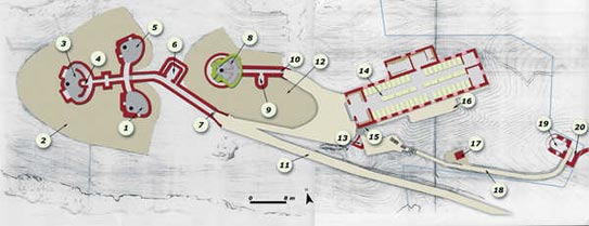 189. Batera de la Diputacin de Gipuzkoa:1-Emplazamiento flanco izquierdo; 2-Terrapln; 3-Emplazamiento de vanguardia; 4-Repuesto municin; 5-Emplazamiento flanco derecho; 6-Almacn de Plvora; 7-Poterna de acceso; 8-Emplazamiento de retaguardia; 9-Repuesto de municin; 10-Poterna de acceso al emplazamiento de retaguardia; 11-Camino de acceso; 12-Terrapln; 13-Pabelln anejo; 14-Cuartel; 15-Vestbulo; 16-Excavacin para un cuerpo no realizado; 17-Caseta de mando; 18-Camino de acceso a la estacin telemtrica; 19-Estacin telemtrica; 20-Muro de contencin.© Juan Antonio Sez