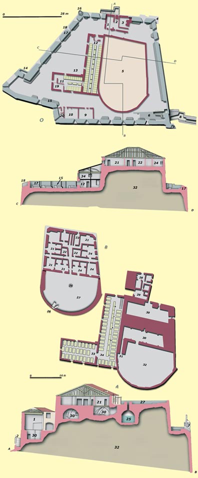 41. Plans of the Holy Cross Castle in 1850:O) Main platform; A) First floor; B) Second floor.1-Holy Cross Chapel; 2-Northern access stairway to the castle; 3-Dining area; 4-Sentry box (in ruins); 5-Natural rock; 6-Underground accommodation; 7-Sentry box; 8-Main stairway; 9-Kitchen; 10-Corps de garde; 11-Artillery Barracks (first floor); 12-Infantry Barracks (first floor); 13-Lower cistern; 14-Latrines; 15-Banquette; 16-Sentry box; 17-Parapet; 18-Cannon emplacement; 19-Sergeants' quarters; 20-Duty officer's quarters; 21-Governor's quarters; 22-Orderlies; 23-Look-out post; 24-Officers' quarters; 25-Upper cistern; 26-Flagpole; 27-El Macho artillery platform; 28-Offices of the governor's assistants; 29-Kitchen; 30-Dungeon; 31-Stairs from gun platform to dungeon; 32-Natural rock; 33-Artillery barracks (second floor): 34-Infantry barracks (second floor).© Juan Antonio Sáez