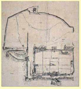 67. Copy (nineteenth century) of the 1552 plan of San Sebastian (Aparici Collection). The plan shows the mediaeval walled enclosures (inner), already altered to the south by new houses and gardens, and the modern wall (outer). The Ingente Turret can be seen on the left and the Imperial turret in the centre. Holy Cross Castle and the Villaturiel walls are at the top of the plan. © Carlos Mengs