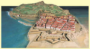 70. The fortifications of San Sebastian around 1813. The outer fortifications can be seen in the foreground: glacis, covered way, ravelin and hornwork. Model.© Gorka Agirre