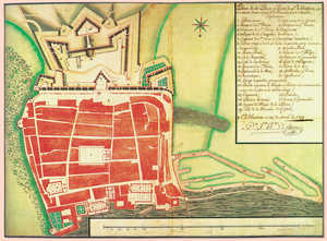 40. Plan of the town and harbour of San Sebastian in 1744, by Juan Bernardo de Frosne, showing the old church of Santa Maria and the streets from which the facade can still be admired today.© Zerbitzu Historiko Militarra